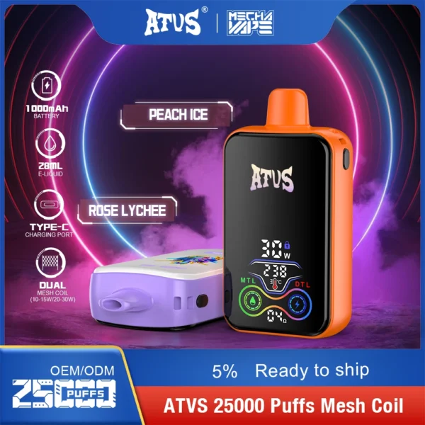 ATVS 25000 Puffs Dual Mesh 5% Low Nicotine Rechargeable Disposable Vapes Pen Bulk Buy Wholesale - HoldVape - 6