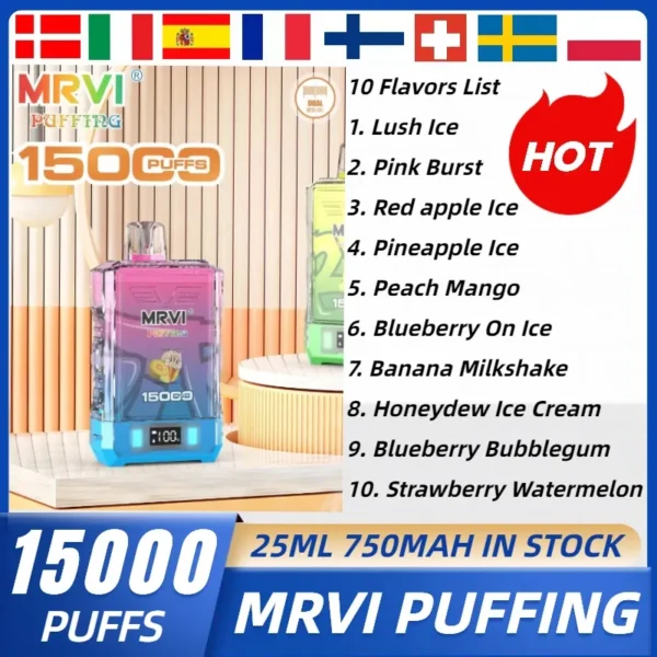 MRVI Puffing 15000 Puffs Ecran digital cu plasă dublă 2% 5% Stilo vape reîncărcabil de unică folosință cu conținut scăzut de nicotină Cumpărați cu ridicata - HoldVape - 1